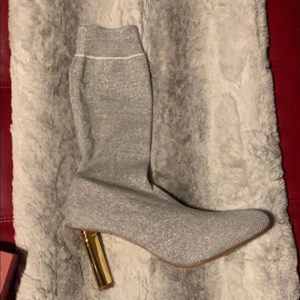 SILVER/GREY SOCK HEEL BOOTS